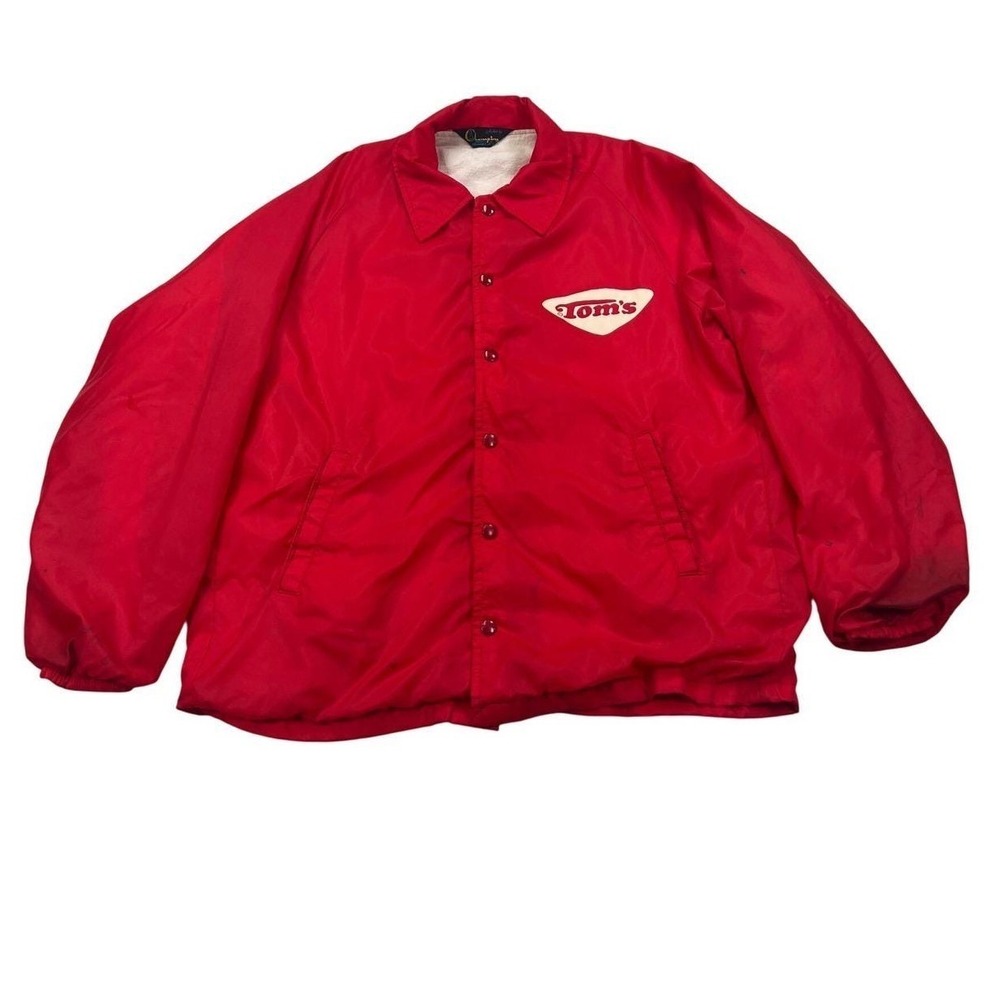 Vintage 60s Champion Running Man Tom's Snacks Coach Jacket Red Nylon Large READ